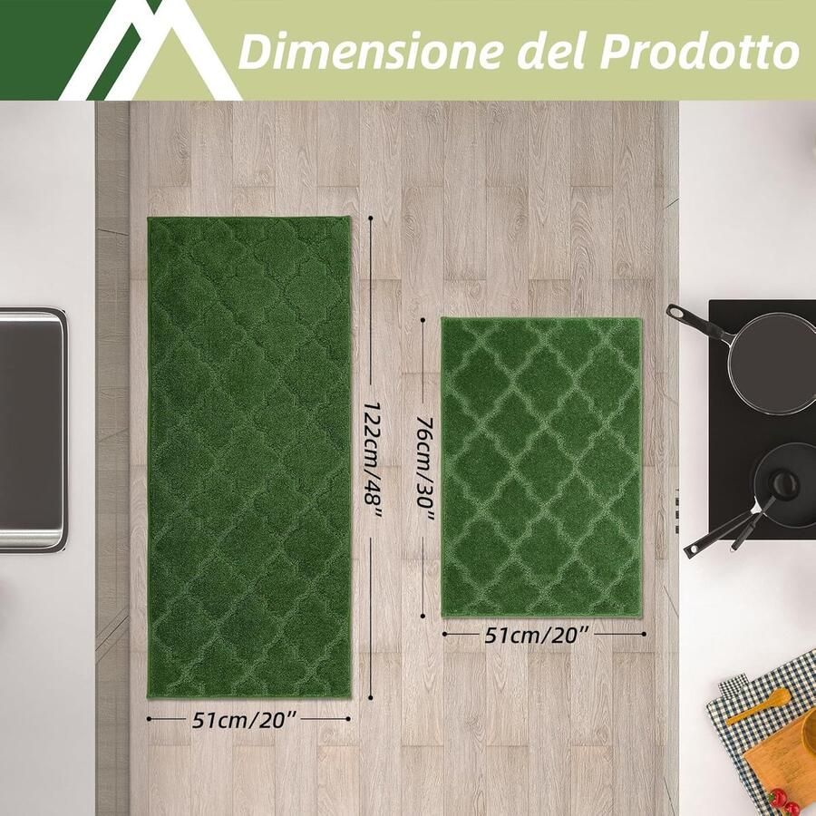 Keukenmat keukentapijtenset antislip wasbaar 2 stuks 51 x 76 cm + 51 x 122 cm groen