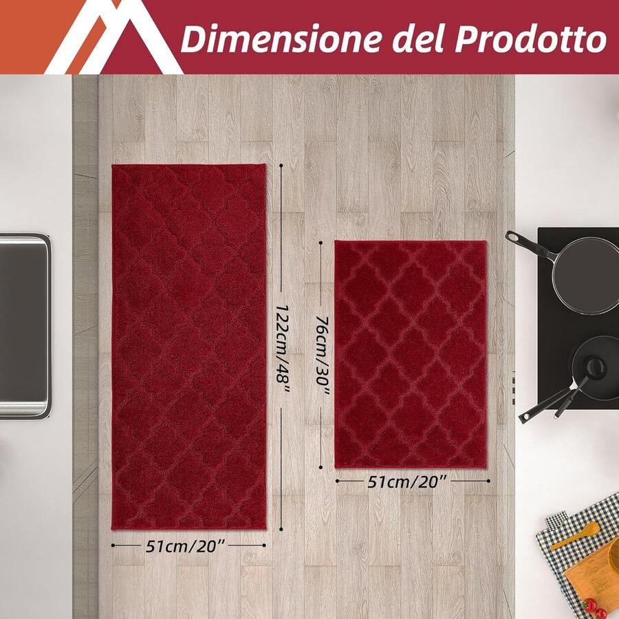 Keukenmat keukentapijtenset antislip wasbaar 2 stuks 51 x 76 cm + 51 x 122 cm wijnrood