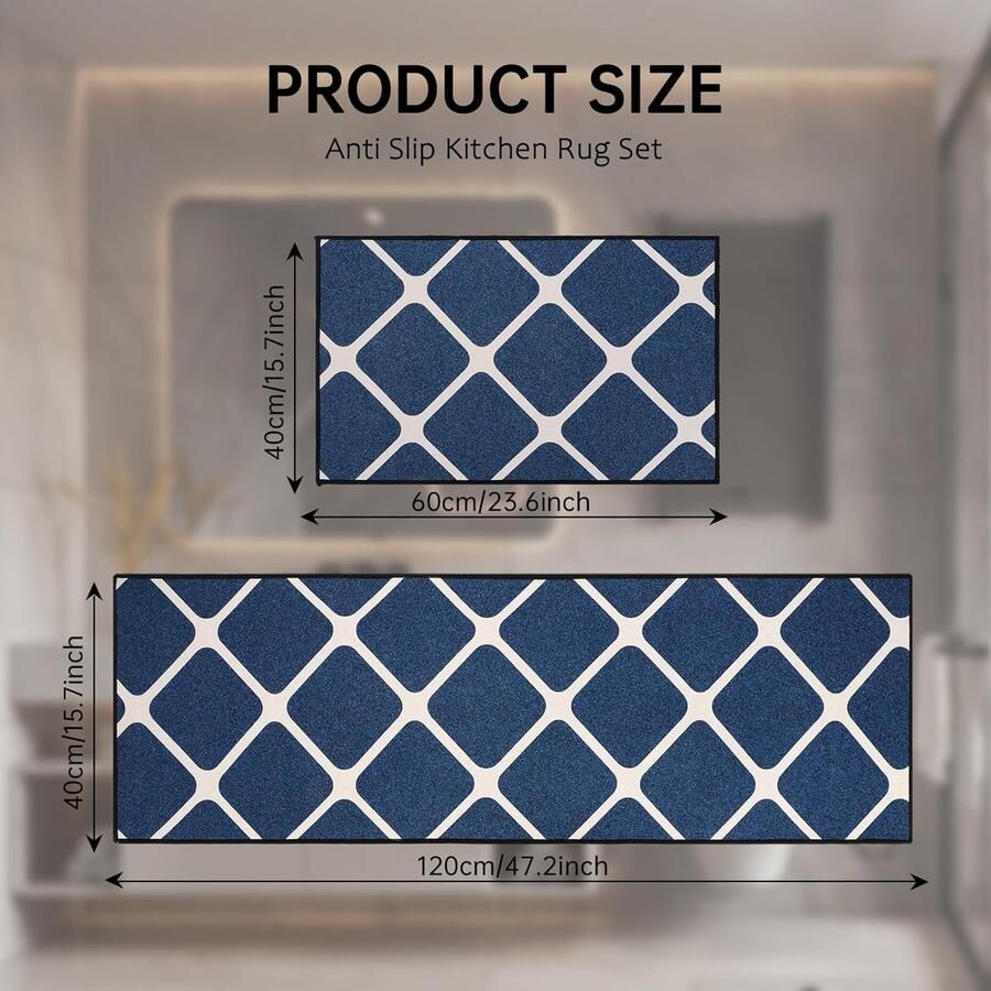 Keukenmat keukentapijtenset antislip wasbaar Set van 2 40 x 60 cm + 40 x 120 cm Blauw + Wit