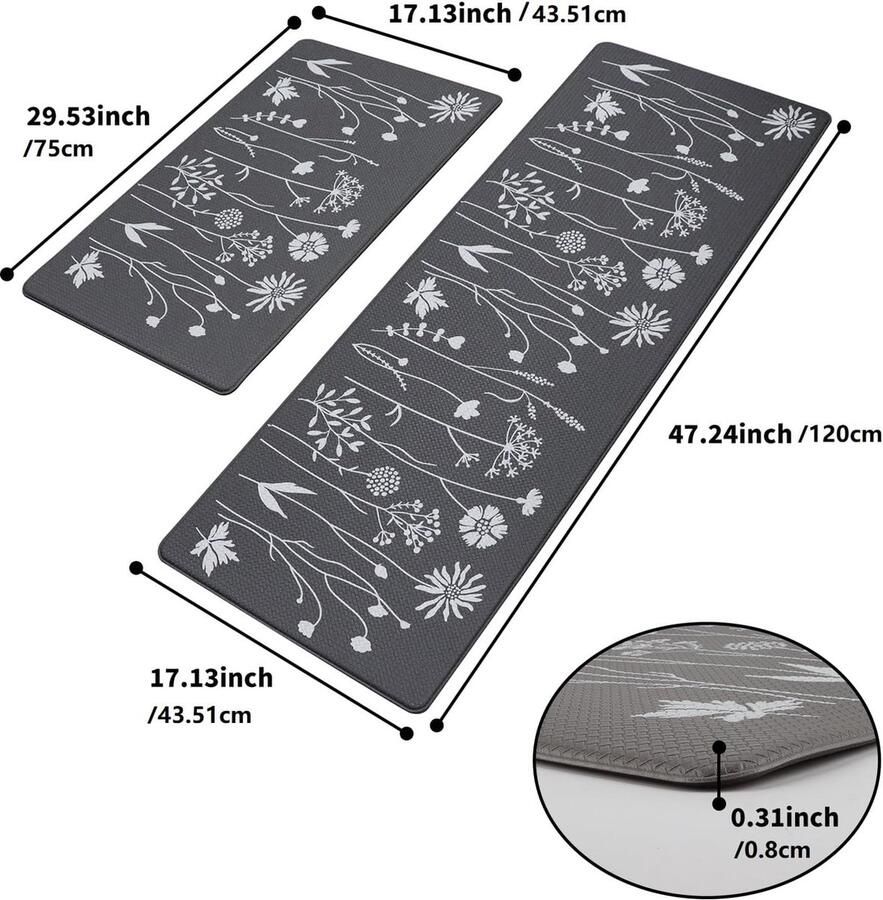 Keukenmat keukentapijtenset antislip wasbaar Set van 2 43 x 120 cm + 43 x 75 cm