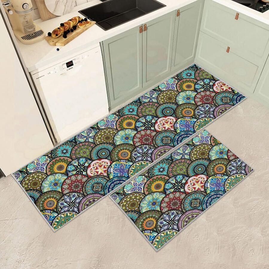 Keukenmatten 2 stuks vintage antislip wasbare duurzame keukenloper gangloper anti-vermoeidheidsloper voor de keuken tapijt voor badkamer woonkamer gang (N 40x60 + 40x120 cm)