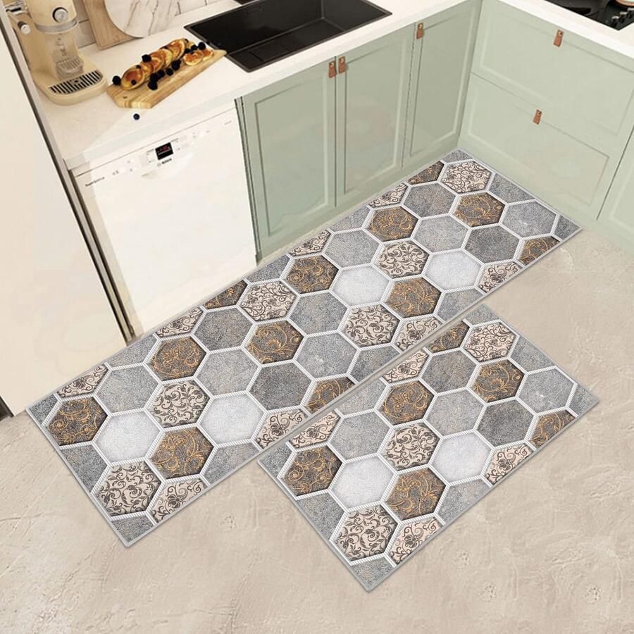 Keukenmatten 2 stuks vintage antislip wasbare duurzame keukenloper gangloper anti-vermoeidheidsloper voor de keuken tapijt voor badkamer woonkamer gang (C 43 x 75 + 43 x 150 cm)