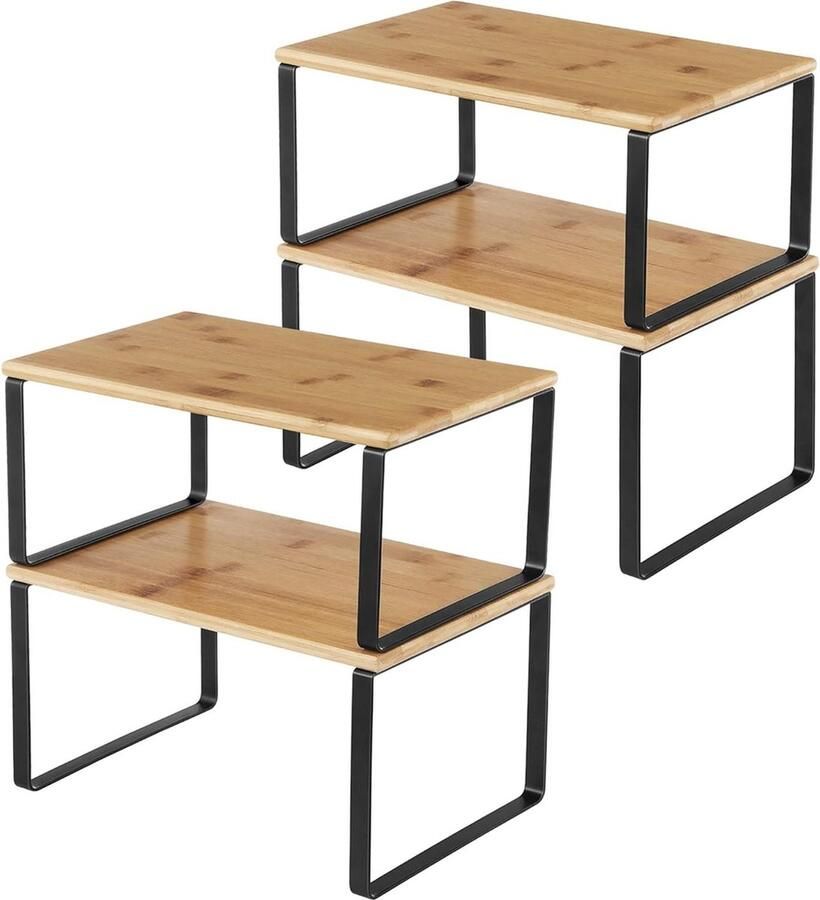 Keukenopberger 4 keukenplanken kastopberger stapelbaar uitbreidbaar metaal bamboe zwart-naturel keukentrolley