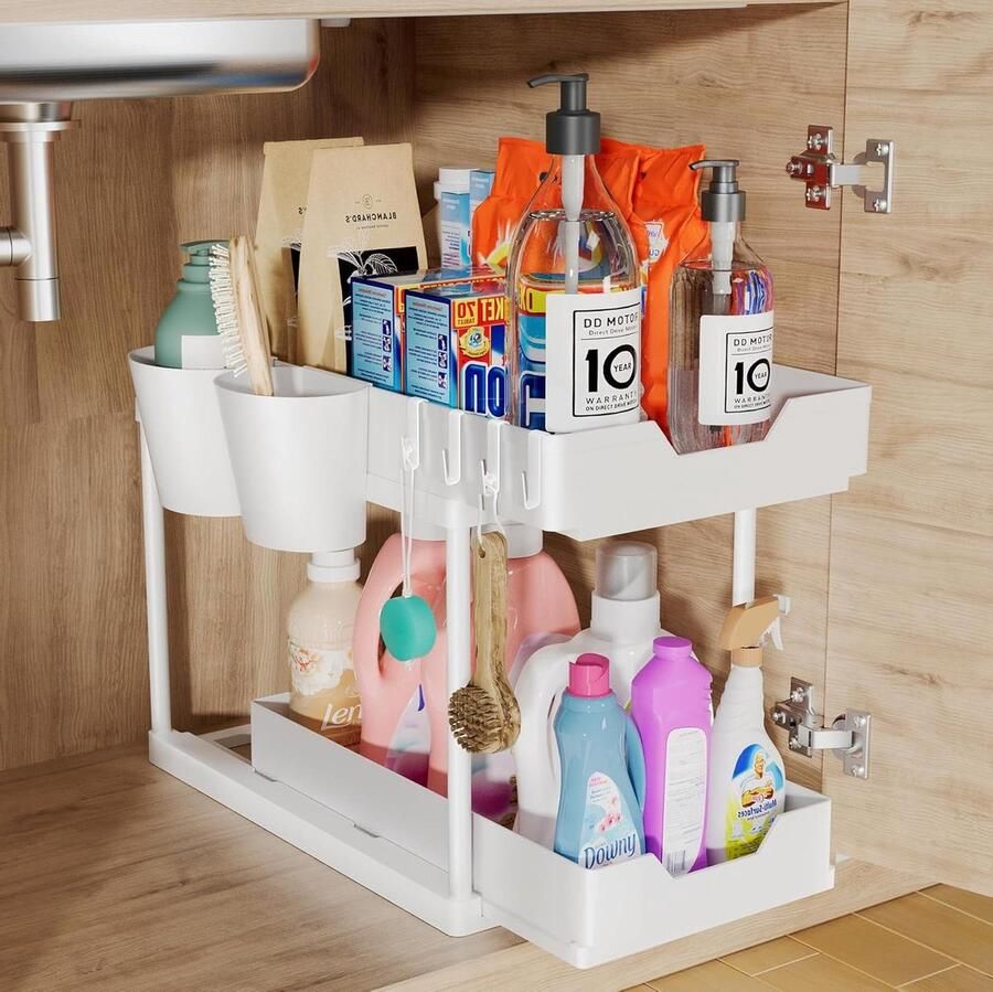 Keukenorganizer 2-laags schuifplank opbergplank met 4 haken multifunctionele organisatie voor keuken badkamer onderste uitglijmand wit