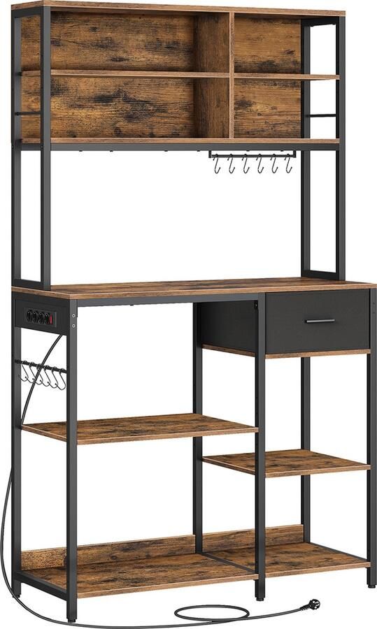 Woon Wereld Keukenplank met stopcontacten en verstelbare planken in vintage bruin en inktzwart