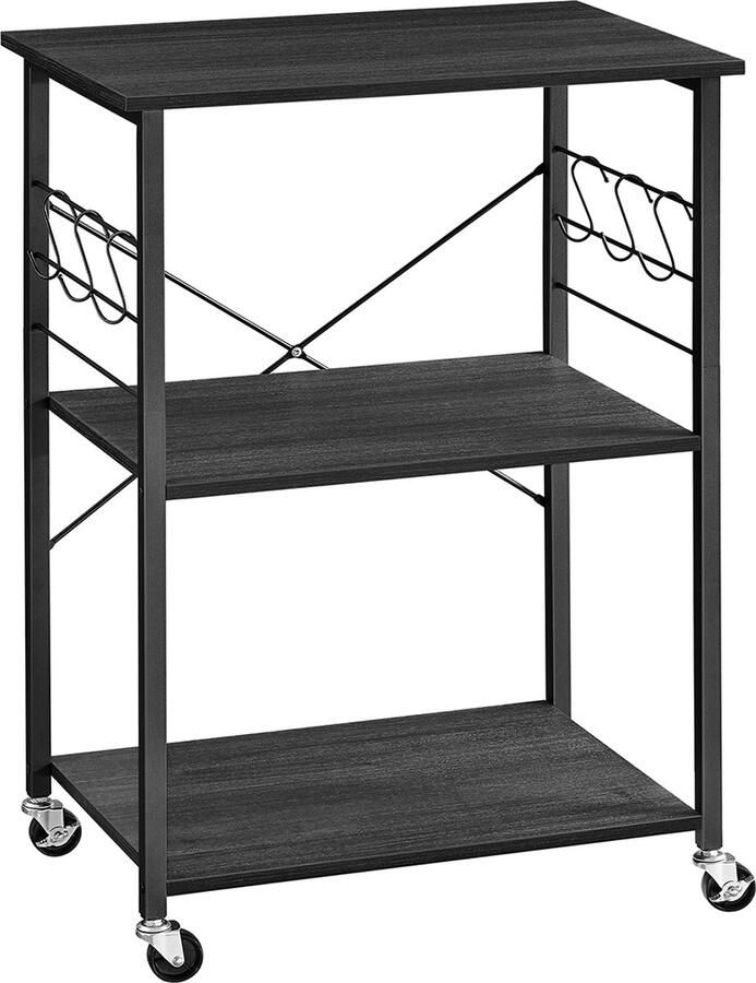 Keukentrolley op Wielen Zwart Hout & Metaal 60 x 40 cm Serveerwagen met 3 Lagen Keukenrek met Haken Bakkerskast Printertafel