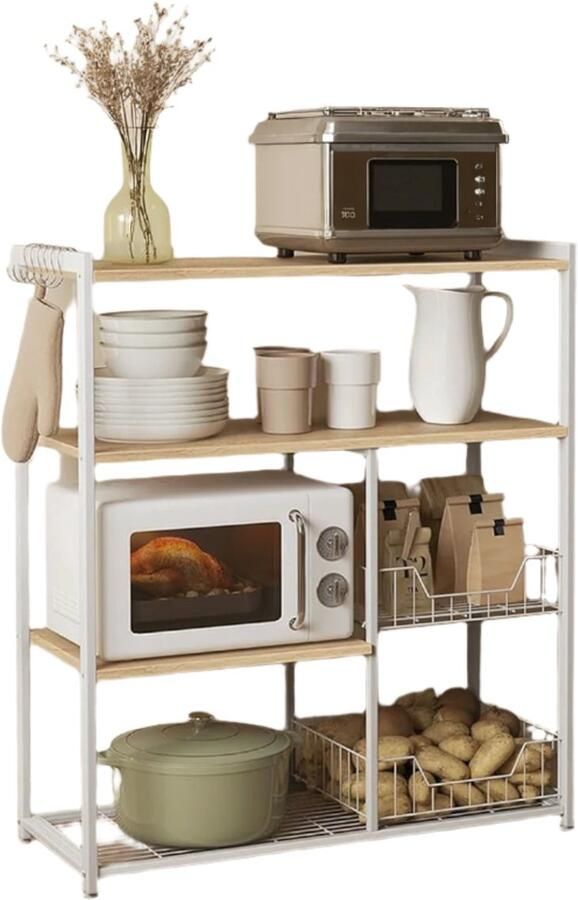 Kitchen Shelf Standing Shelf Bakery Shelf With Hooks & Shelves Sturdy Storage 35 x 80 x 93.5cm