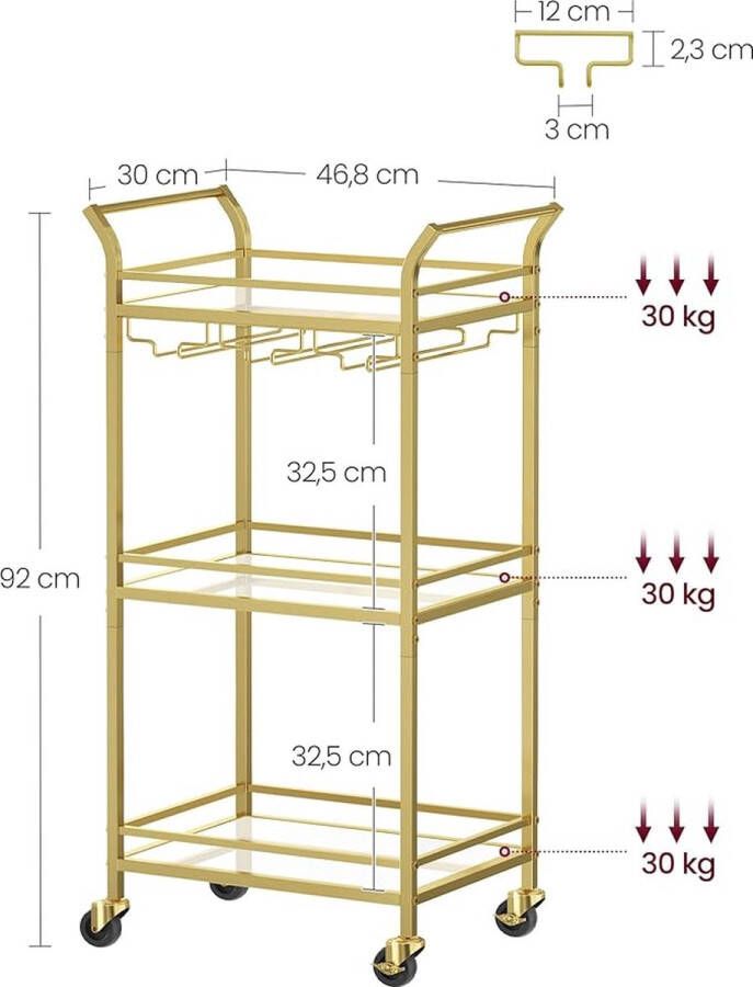 Rootz Living Rootz Gold Steel Trolley van spiegelglas Barwagen Rollende wagen Stijlvol ontwerp Stevige constructie Eenvoudige montage 30 cm x 46 8 cm x 92 cm