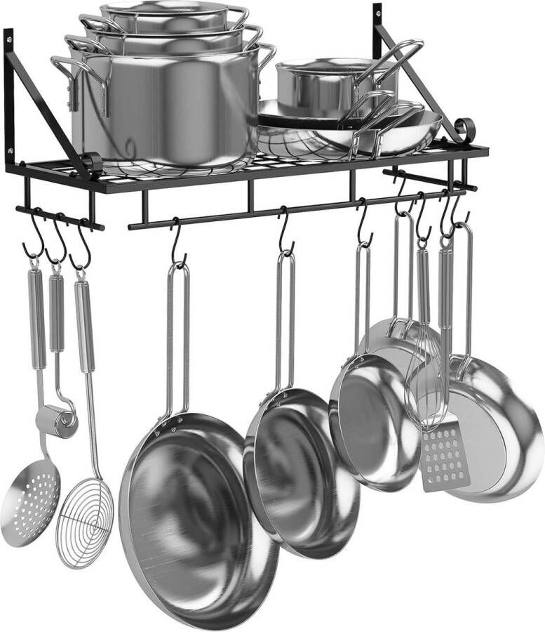 Keukenrek 60 cm zwart groot keukenrek wandrek voor potten pannen gebruiksvoorwerpen hangrek met 10 haken
