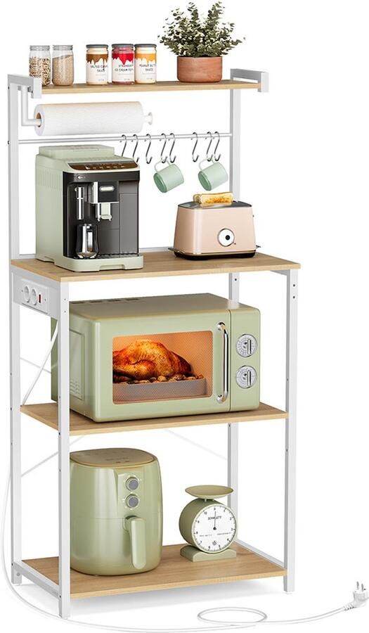 Keukenrek – Met Stopcontacten – 4 Niveaus – Goud-eikenkleur – Mat Wit