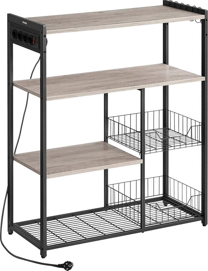 Keukenrek met stopcontacten staand rek met 2 metalen manden bakkersrek met haken 35 x 80 x 93 5 cm industrieel design greige gemêleerd-inktzwart