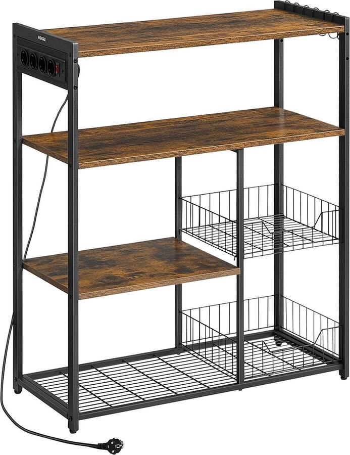 Keukenrek met stopcontacten staand rek met 2 metalen manden bakkersrek met haken 35 x 80 x 93 5 cm industrieel design vintage bruin-inktzwart