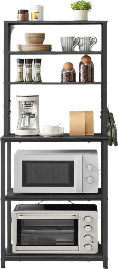 Keukenrek Opbergrek Organiserende Standaard 6 Planken & Haken Zwart 40 x 60 x 167 cm