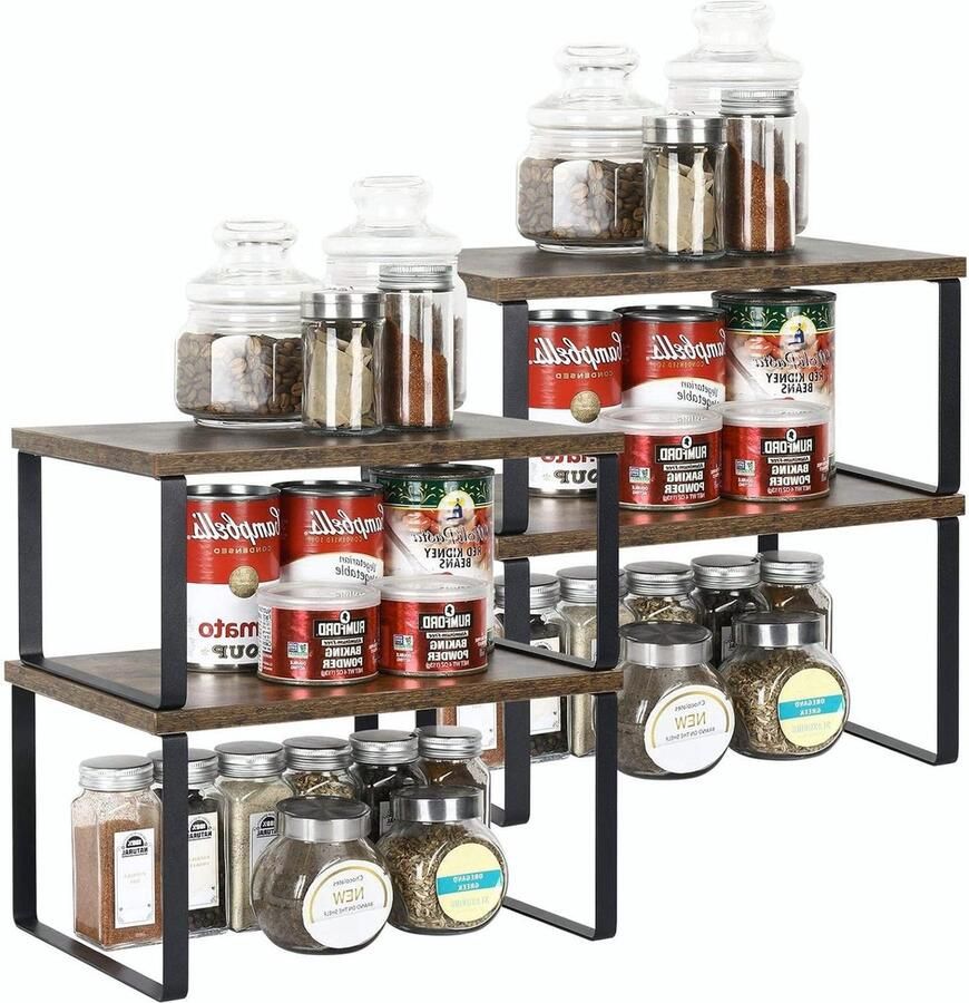 Keukenrek set van 4 keukenkast-organizer metaal en houtmateriaal uitbreidbaar en stapelbaar klein rek kruidenrekken bruin en zwart