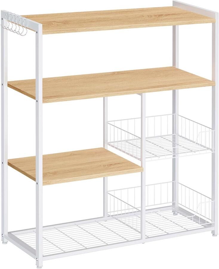 Unbranded Signature Home Wow Keukenrek magnetronrek staand rek met 2 metalen manden bakkersre -Kast met haken en planken lichtwalnootbruin-wit 35 x 80 x 95 cm