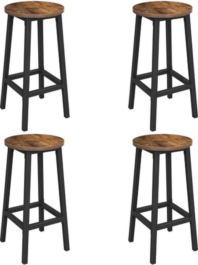 ZAZA Home Barkruk set van 4 barkrukken keukenstoelen met stalen frame hoogte 65 cm rond eenvoudige montage industrieel ontwerp vintage bruin en zwart