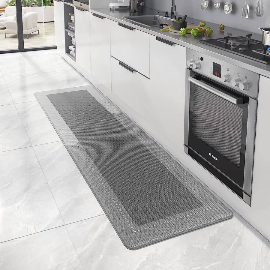 Keukentapijt 44 x 200 cm anti-vermoeidheid keukenloper wasbaar antislip comfortabel lederen tapijt keuken eetkamer kantoor woonkamer (donkergrijs)