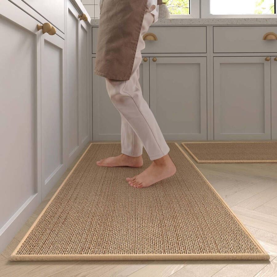 Keukentapijt wasbaar antislip sisal imitatie tapijt loper jute imitatie weven keukenmat vuilvangmat keuken en eetkamer set achterkant van natuurlijk rubber 44 x 75 + 44 x 120