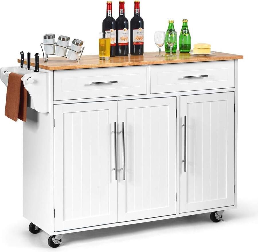 Keukentrolley met Rubber Houten Bovenblad en Verstelbare Planken Rollende Serveertrolley met 2 Lades