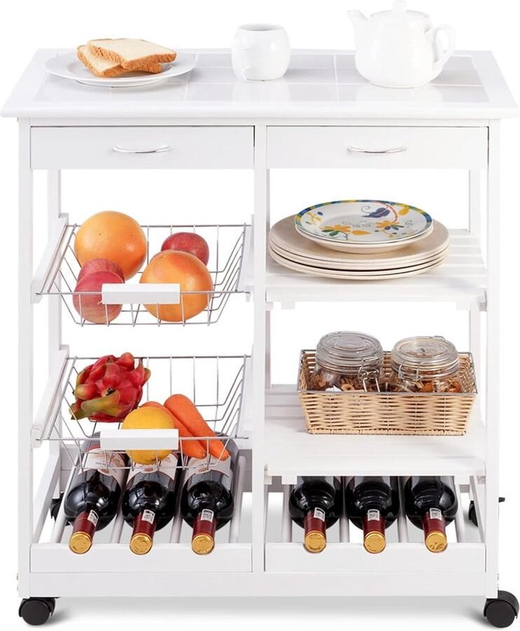 Keukenwagen op wieltjes keukenkast met werkblad rolwagen met laden keukeneiland groentewagen smal hout serveerwagen bijzetwagen multifunctionele trolley met manden en wijnrek (wit)