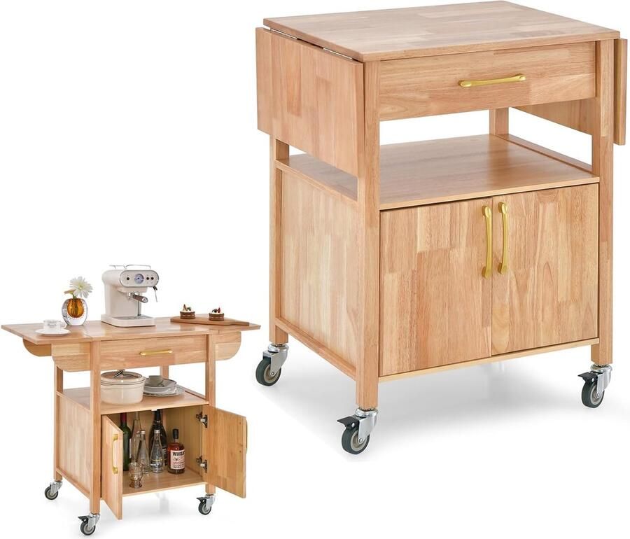Keukenwagen op wieltjes serveerwagen met inklapbaar werkblad rolwagen met lade kast en open vak keukeneilandwagen keukenkast hout voor keuken eetkamer bar natuur
