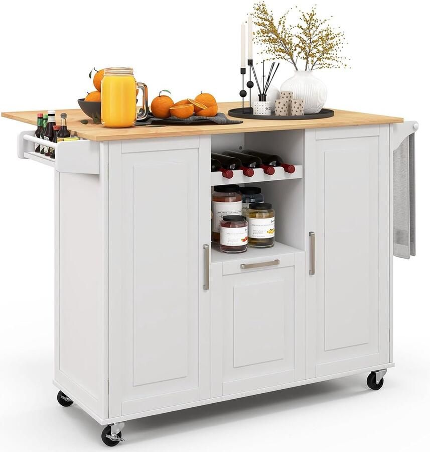 Keukenwagen op wieltjes serveerwagen met inklapbaar werkblad wijnflessenrek & handdoekhouder en lade keukeneiland hout keukenkast oprolbaar voor keuken eetkamer bar (wit)