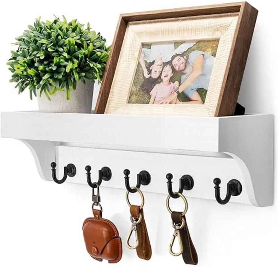 Key and Letter Holder Wall Organizer with Shelf 5 Hooks for Keys and Coats Farmhouse Decor