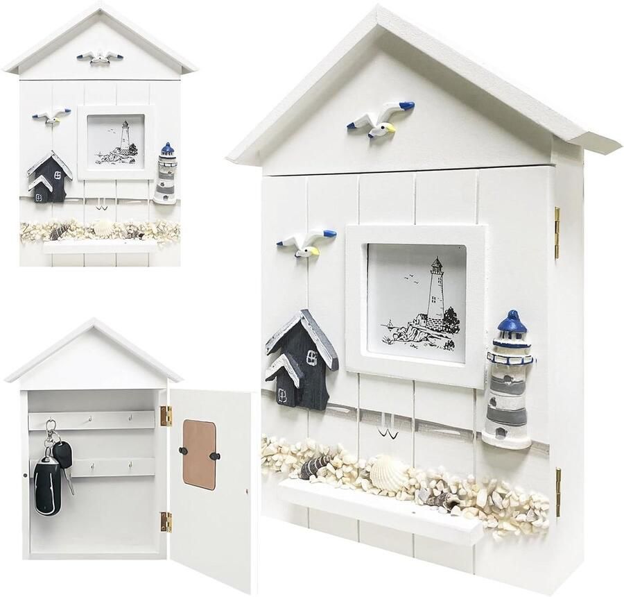 Lighthouse Style Wooden Key Cabinet with 6 Key Hooks for Wall Mounting 30 x 22 x 6.5 cm