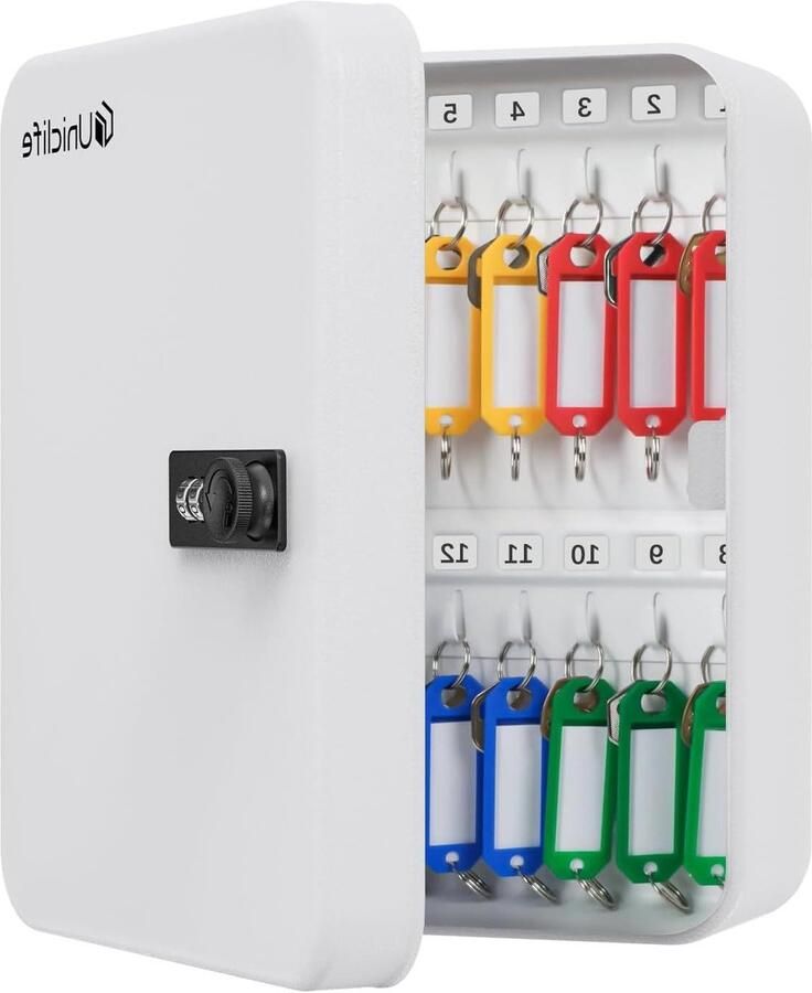 Key cabinet with 28 keys and combination lock Wall mounted organizer with resettable code White digital security box with hooks and large key tags