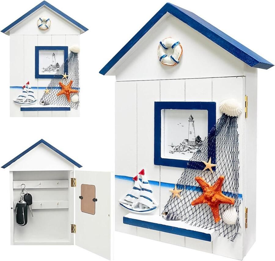 Key Cabinet with 6 Hooks for Wall Mounting Vintage Swimming Ring Design Modern Entryway Organization Solution 30 x 22 x 6.5 cm