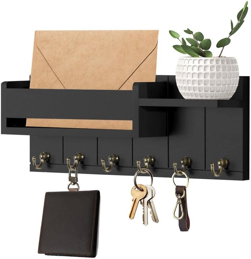 Key Rack with Shelf Wooden Key Cabinet with 6 Key Hooks Modern Key Holder Wall for Living Room Kitchen Office Hallway Bedroom Black