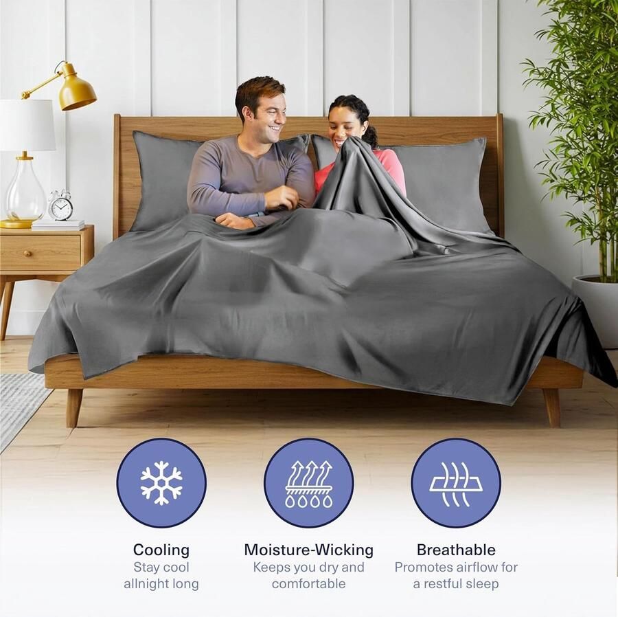 Kickoff Viscose Bamboe Lakens King Size 4-delig 100% Organisch Bamboe Viscose Bed Koelende Lakens King Size Set Koel Beddengoed voor Mensen die het Warm Hebben Hoeslaken Plat Laken Kussenslopen (Pewter K)