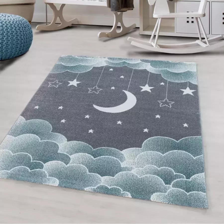 FlyCarpets Kinderkamer Grijs Blauw Vloerkleed Maan En Ster