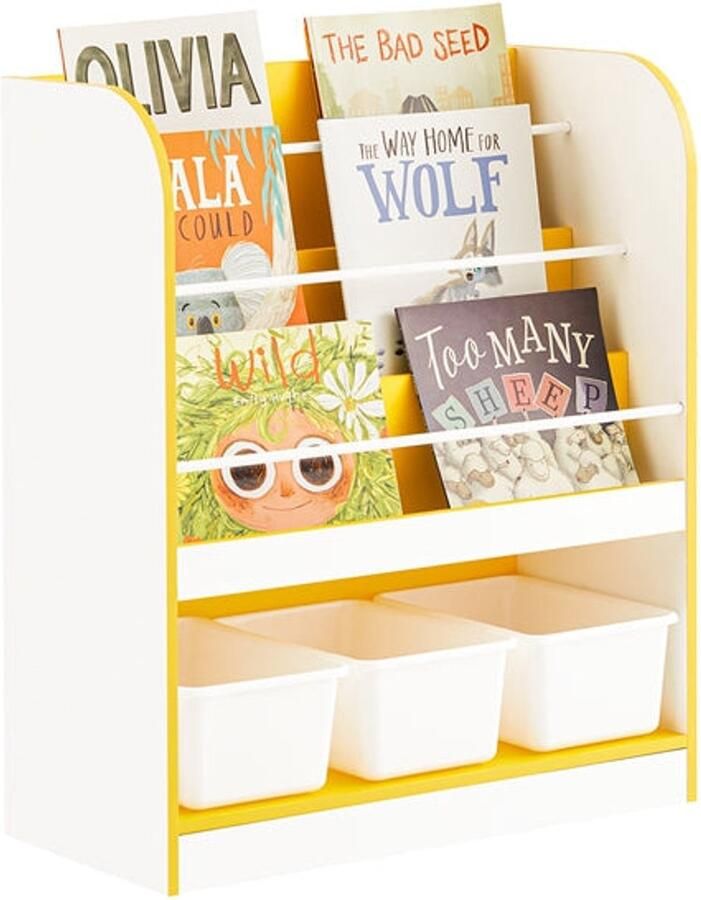 Kids Storage Plank Organizer boekenkast Space Saving 63cm x 76cm x 30 cm geel en wit