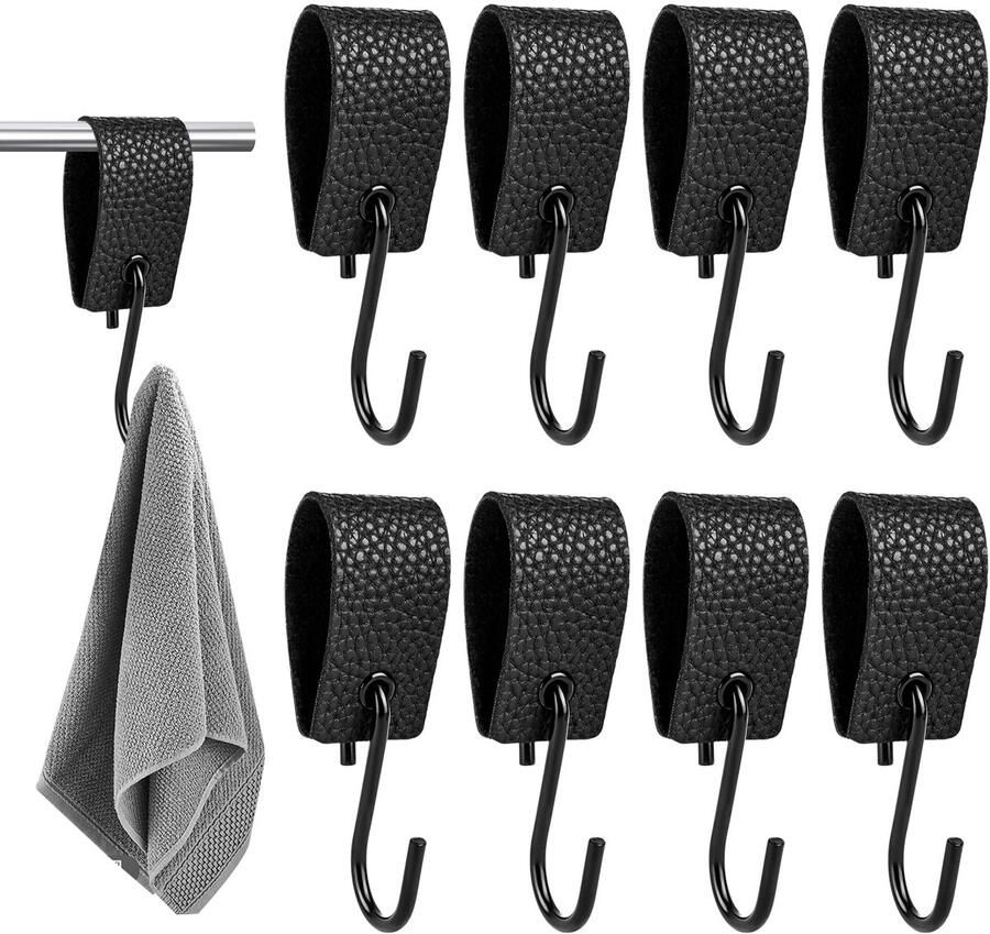 KILDOWS 8-pack S-haken met leren lus 12 5 × 3 cm RVS S-haken Zwarte jashaken met leren lus Haken om op te hangen Metalen haken Jashaken voor garderobe Keuken Badkamer Kamperen