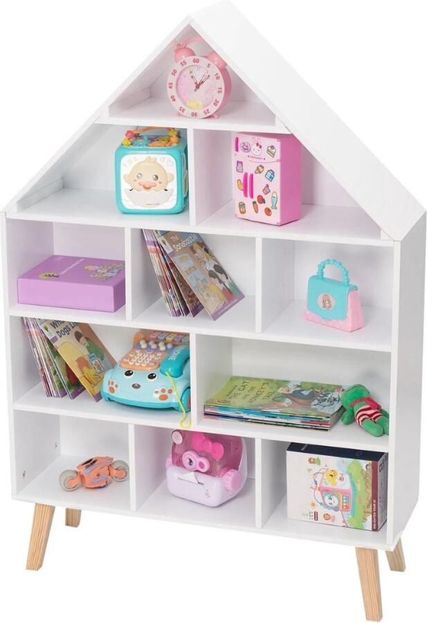 Kinder Boekenkast Huisje Speelgoedkast Villa Opbergkast kinderen 80x24-116 cm Boekenrek Hout Wit