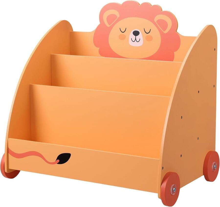 Kinder boekenkast met wieltjes Houten boekenrek met 3 vakken 60 x 58 x 40 cm Montessori speelgoed Organizer voor boeken Oranje leeuw