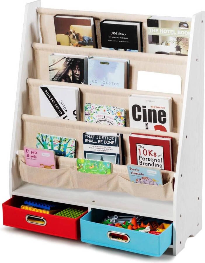 Kinder boekrek kinderboekenkast 2 in 1 ontwerp kinder boekenplank met 4 draagdoeken planken & 2 opbergdozen organisator boekenkast display houder voor meisjes en jongens in de kinderkamer woonkamer kleuterschool klaslokaal (Beige)