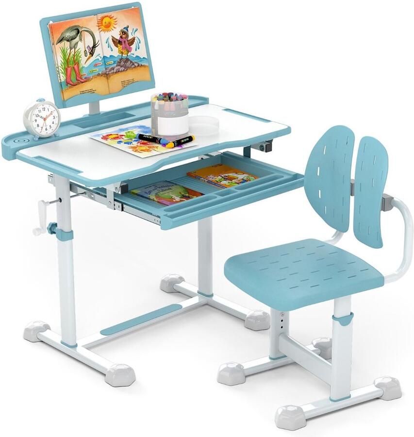 Kinder Bureau en Stoel Set – Verstelbaar Studie Bureau met Inklapbaar Blad en Boeksteun Blauw