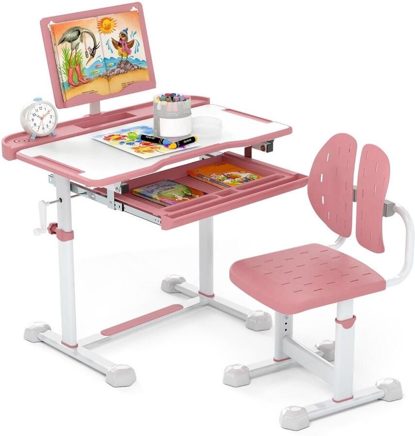 Kinder Bureau en Stoel Set – Verstelbaar Studie Bureau met Inklapbaar Blad en Boeksteun Roze