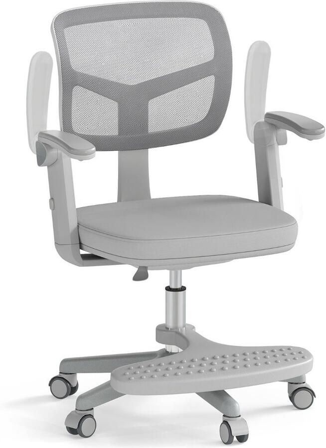 Kinder Bureaustoel – Verstelbare Hoogte met Armleuningen Voetsteun en Wielen Grijs (3-15 Jaar)
