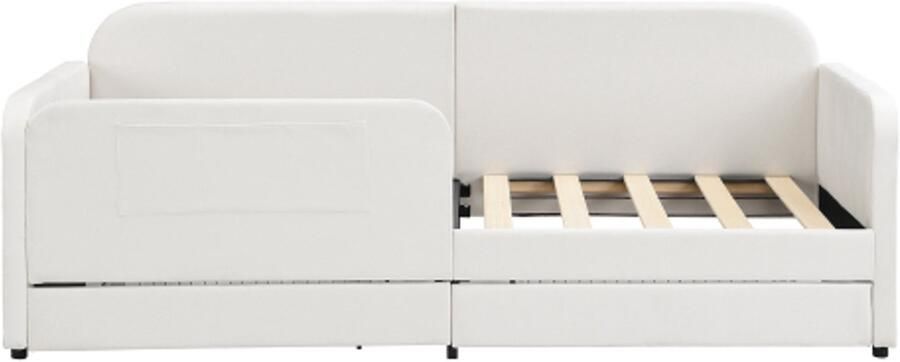 Kinder Slaapbank 90x200cm Zonder Matras Gestoffeerd Bed Met 3 Opbergvakken En 2 Ladewielen MDF Samt Wit Voor Kinderkamer Of Logeerkamer