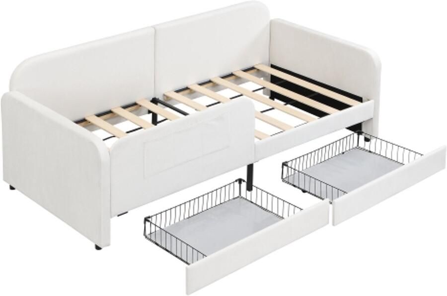 Kinder Slaapbank 90x200cm Zonder Matras Gestoffeerd Bed Met 3 Opbergvakken En 2 Ladewielen MDF Samt Wit Voor Kinderkamer Of Logeerkamer