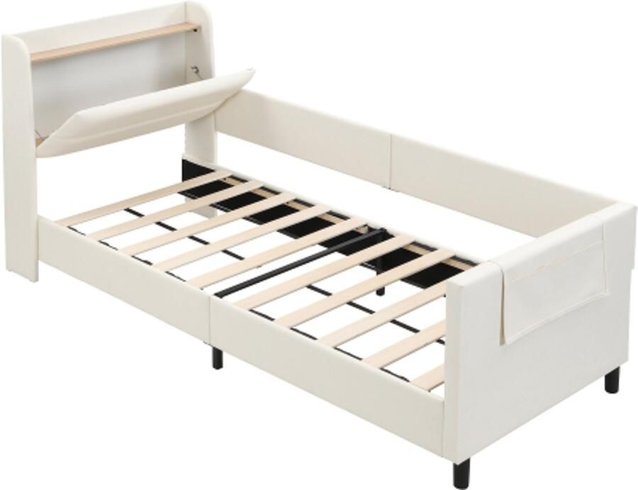 Kinder Slaapbank 90x200cm Zonder Matras Gestoffeerd Bed Met Nachtkastje Klapdeur 3 Opbergvakken PU MDF Multiplex Wit Voor Kinderkamer