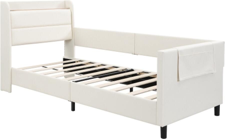 Kinder Slaapbank 90x200cm Zonder Matras Gestoffeerd Bed Met Nachtkastje Klapdeur 3 Opbergvakken PU MDF Multiplex Wit Voor Kinderkamer