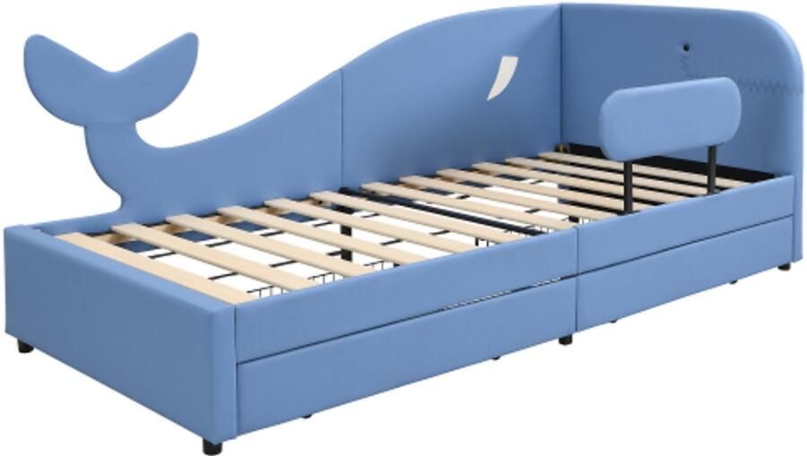 Kinder Slaapbank 90x200cm Zonder Matras Gestoffeerd Bed Walvisvormig Design Met 2 Laden Op Wielen PU MDF Multiplex Blauw Voor Jongenskamer - Foto 2