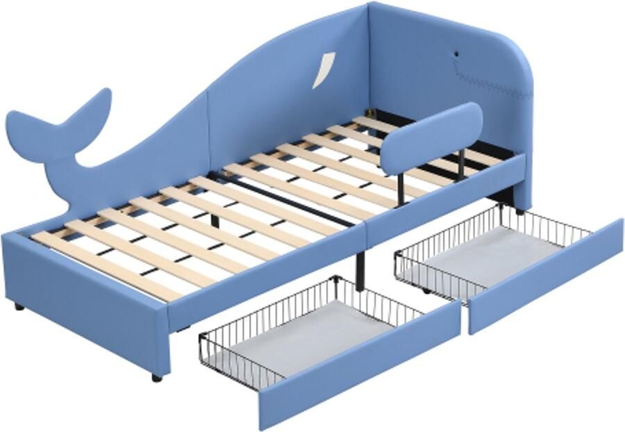 Kinder Slaapbank 90x200cm Zonder Matras Gestoffeerd Bed Walvisvormig Design Met 2 Laden Op Wielen PU MDF Multiplex Blauw Voor Jongenskamer