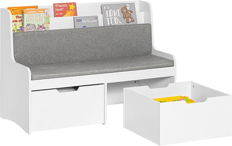 Rootz Living Rootz Kinderbank met boekenplank en zitkussen Speelgoedkist Opbergdoos met wielen MDF-constructie Duurzaam en ruim Kan tot 120 kg dragen 100 cm x 70 cm x 45 cm