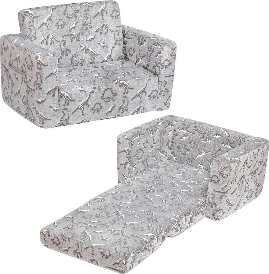 Kinderbank openklappen 2-in-1 slaapbank kinderstoel flanel kinderbank uitklapbare kinderbank voor kinderkamer kinderdag- en verjaardagscadeau voor meisjes en jongens grijs met dino's