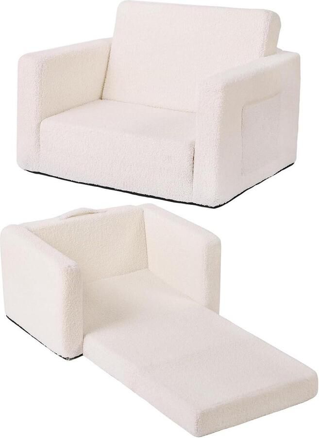 Kinderbankstoel 2-in-1 convertibele kinderbank naar ligstoel beige peuter armleuning stoel opvouwbare kinderspeelbank meisje jongen